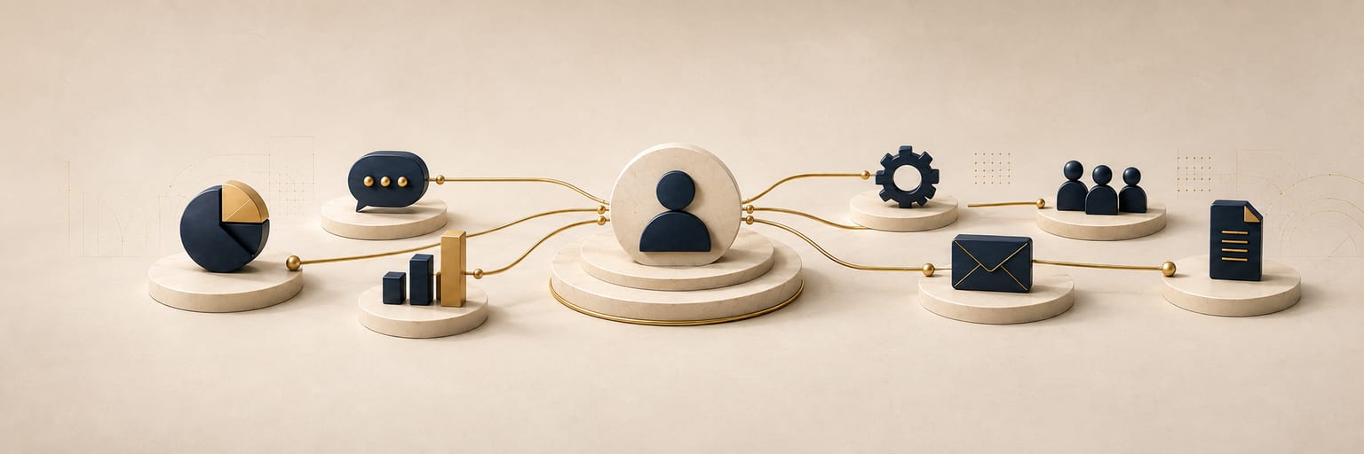 Editorial illustration of a central assistant connected across business functions.